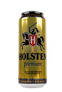 PULA, CROATIA - OCTOBER 3, 2016: Holsten beer can, Holsten Brewery (Holsten-Brauerei AG) is a brewing company founded in 1879 in what is now Hamburg's Altona-Nord.