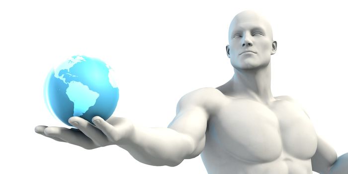 Businessman Holding a Globe as a Digital Hologram Concept
