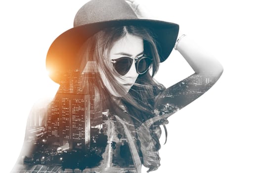 Double exposure,Beautiful girl and cityscape.