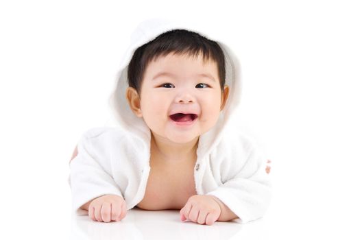 beautiful asian baby girl crawling on the floor