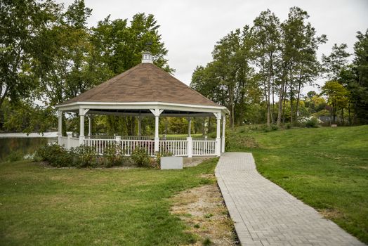 Wooden gazebo in a Park in Bucksport, Maine, USA