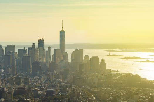 Lower Manhattan skyline at sunset