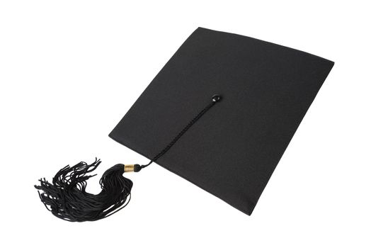 Black square graduate hat with a tassel isolated on white background; top view