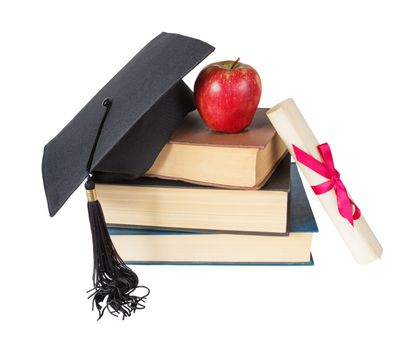 Black graduate hat, stack of big books, red apple and paper scroll tied with red ribbon with a bow, isolated on white background