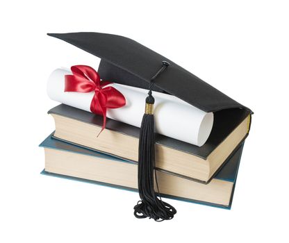 Black graduate hat, stack of big books and paper scroll tied with red ribbon with a bow, isolated on white background