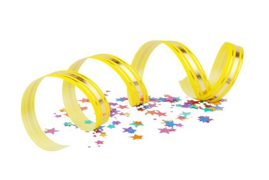 Multicolored confetti in the shape of stars and yellow ribbon with golden stripes coiled as a spiral isolated on white background