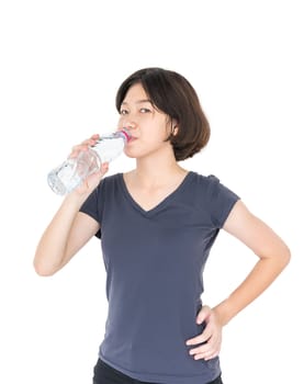 Young asian woman drinking bottled water isolated on white background