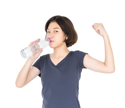 Young asian woman drinking bottled water isolated on white background