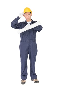 Young worker with yellow helmet holding blueprint isolated over white background