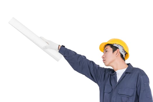 Young worker with yellow helmet holding blueprint isolated over white background