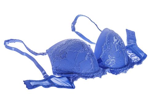 Blue silk lacy push up bra isolated over white