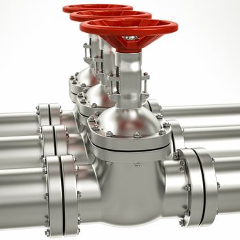 3d metal gas pipe line valves on a white background