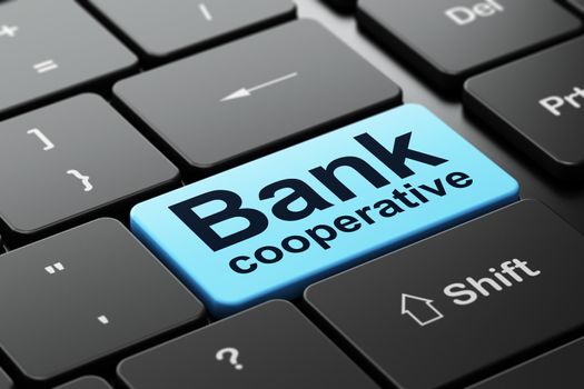 Banking concept: computer keyboard with word Bank Cooperative, selected focus on enter button background, 3D rendering