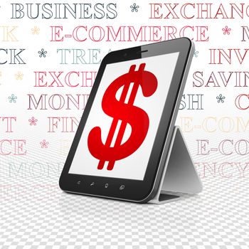 Banking concept: Tablet Computer with  red Dollar icon on display,  Tag Cloud background, 3D rendering