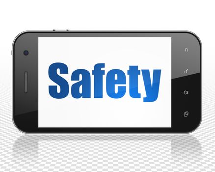 Safety concept: Smartphone with blue text Safety on display, 3D rendering