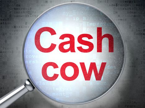 Business concept: magnifying optical glass with words Cash Cow on digital background, 3D rendering