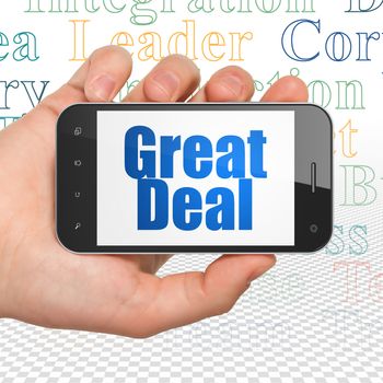 Finance concept: Hand Holding Smartphone with  blue text Great Deal on display,  Tag Cloud background, 3D rendering