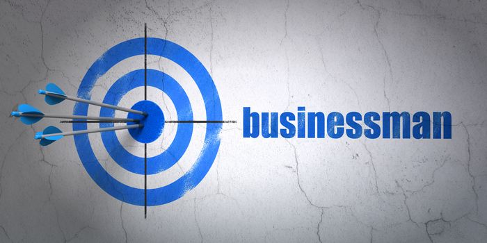 Success business concept: arrows hitting the center of target, Blue Businessman on wall background, 3D rendering