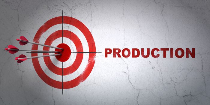 Success finance concept: arrows hitting the center of target, Red Production on wall background, 3D rendering