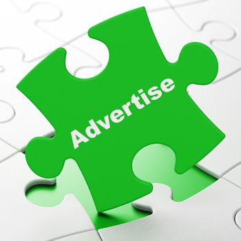 Advertising concept: Advertise on Green puzzle pieces background, 3D rendering