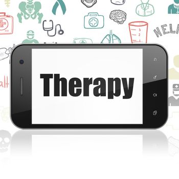 Healthcare concept: Smartphone with  black text Therapy on display,  Hand Drawn Medicine Icons background, 3D rendering