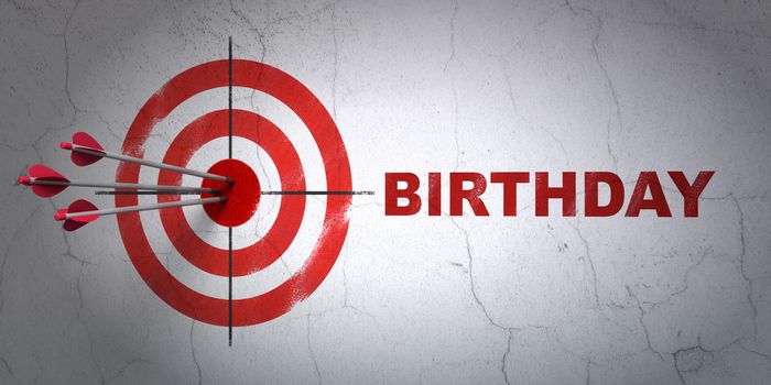 Success holiday concept: arrows hitting the center of target, Red Birthday on wall background, 3D rendering