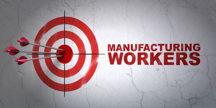 Success Manufacuring concept: arrows hitting the center of target, Red Manufacturing Workers on wall background, 3D rendering
