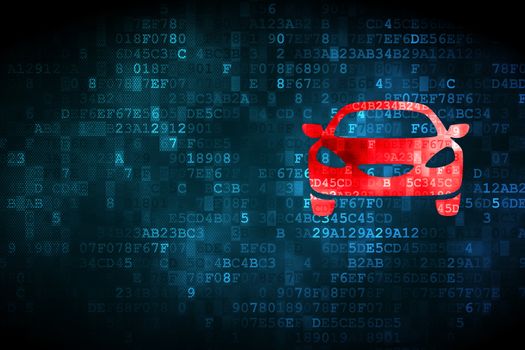 Vacation concept: pixelated Car icon on digital background, empty copyspace for card, text, advertising