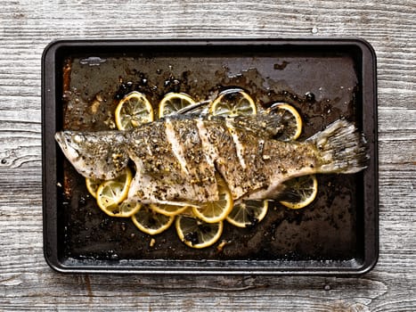 close up of rustic baked fish