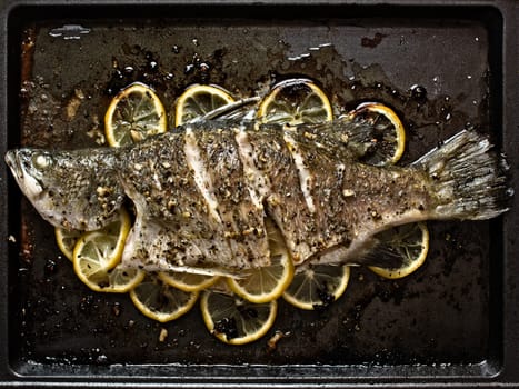 close up of rustic baked fish