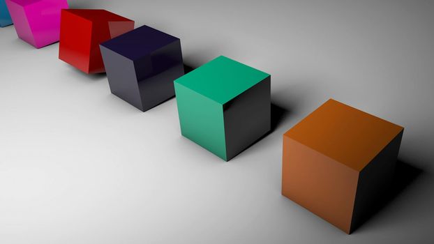 The rotation of cubes of different colors on the floor. 3d rendered