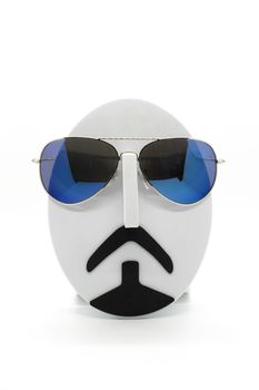 Men's fashion mannequin wearing fashionable sunglasses on white background.