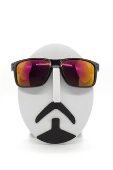 Men's fashion mannequin wearing fashionable sunglasses on white background.