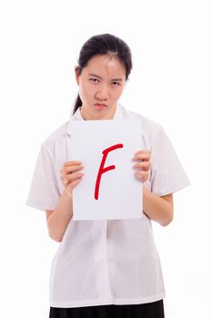 Chinese high school girl in uniform showing failed test paper