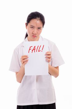 Chinese high school girl in uniform showing failed test paper