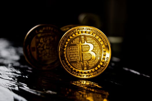 Digital currency physical gold bitcoin coin in black scene