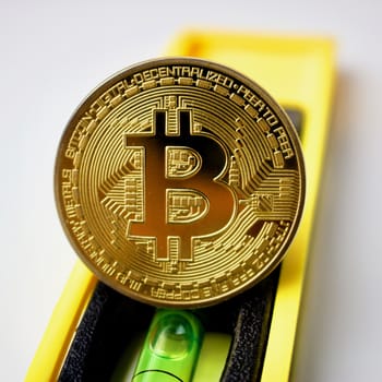 Physical bitcoin coin on yellow level