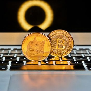 Cryptocurrency physical gold bitcoin and dogecoin coins.