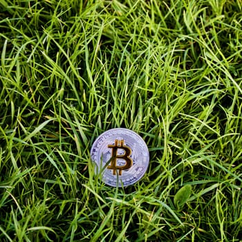 Digital currency physical silver bitcoin in grass.