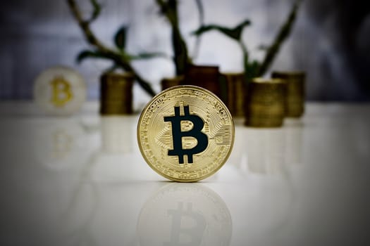 Digital currency physical gold bitcoin coin with blue sign