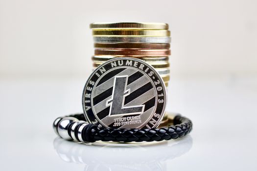 Black bracelet with litecoin physical coins