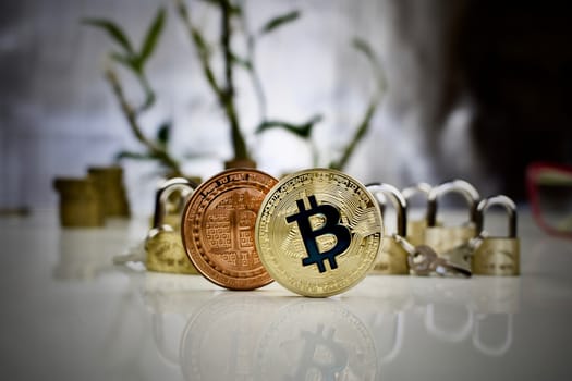 Digital currency brass and gold bitcoin coins near padlocks