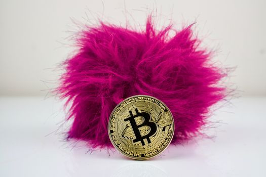 Bitcoin physical cryptocurrency coin with pink hairy ball.