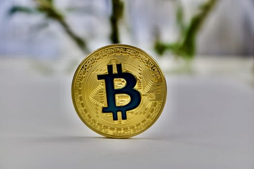 Cryptocurrency physical gold bitcoin coin with a blue sign