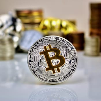Digital cryptocurrency physical silver bitcoin coin money concept