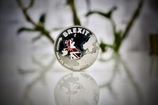 United Kingdom leaving from Europe. Silver Brexit physical coin.