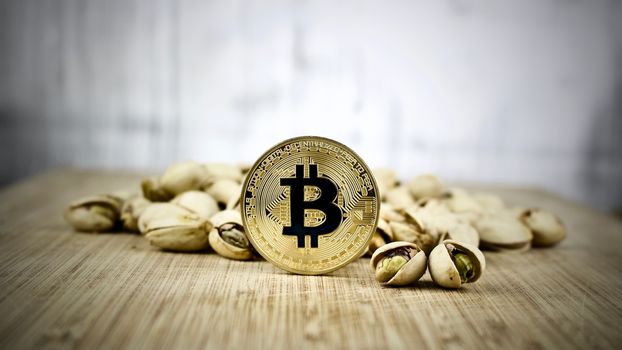 Digital currency physical gold bitcoin coin near pistachios. Blue sign btc.