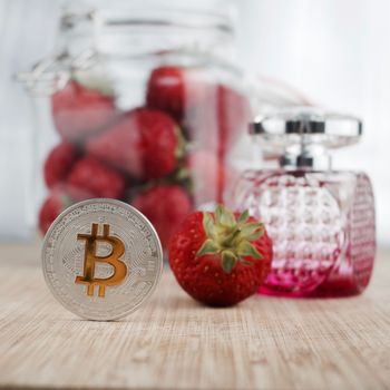 Cryptocurrency silver bitcoin coin red and pink concept