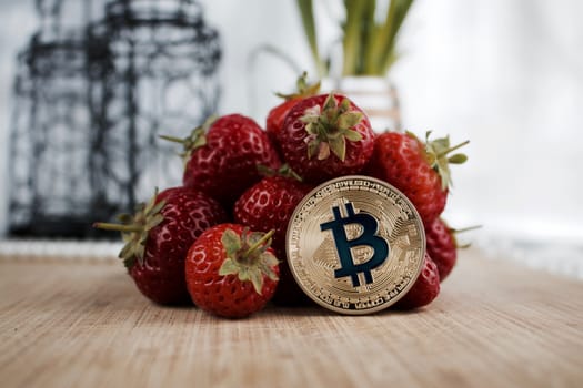 Cryptocurrency physical gold bitcoin coin and strawberries. Fruit concept.