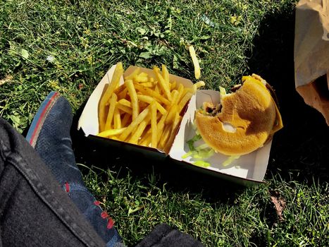 Man eating burger in park. Fast food.
